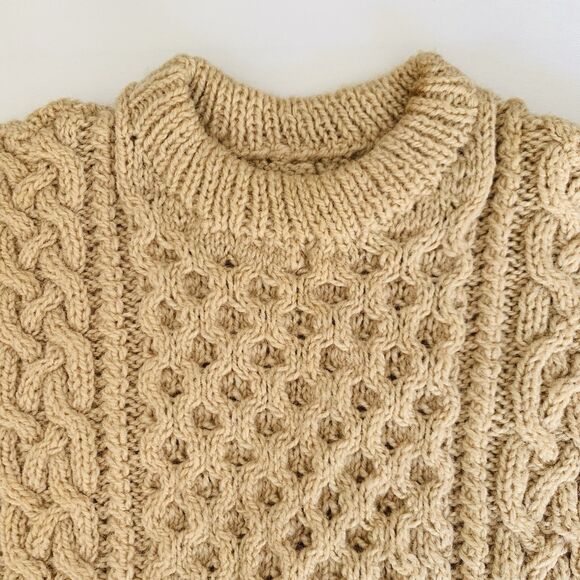 Vintage 90s Sweater Women M* Tan Brown Chunky Cable Knit Crewneck Pullover Aran - Picture 3 of 7